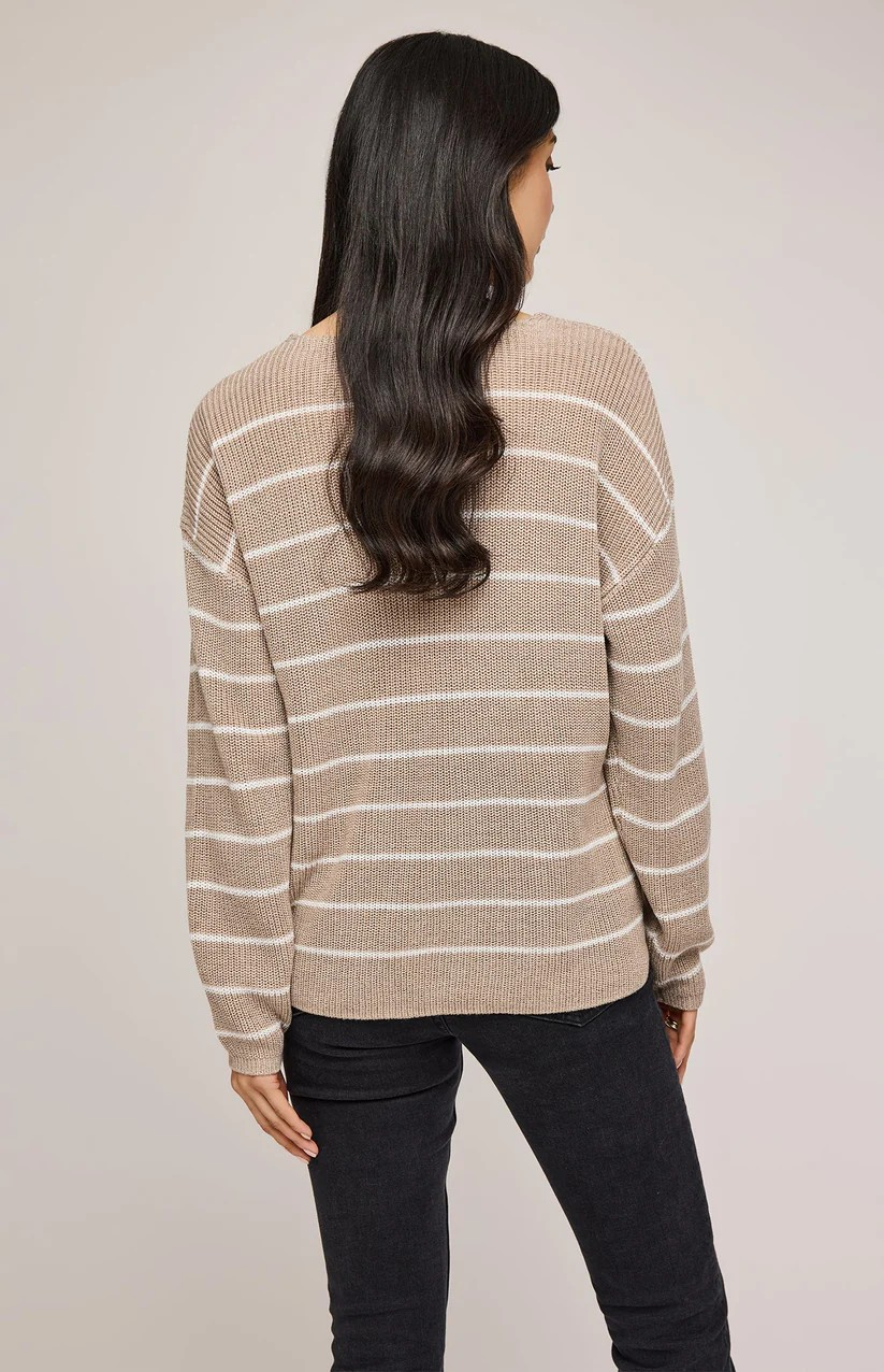 GENTLE FAWN HEATHER CASHEW STRIPE TUCKER SWEATER