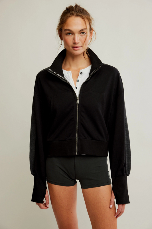 FREE PEOPLE BLACK HIGH JUMP ZIP UP