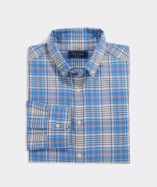 VINEYARD VINES CLUB BLUE LONG BAY PLAID MADRAS SHIRT