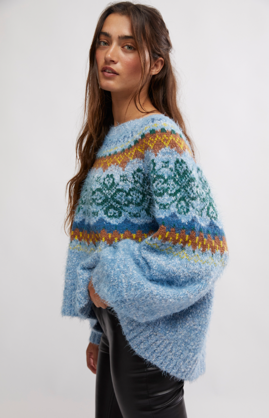 FREE PEOPLE ICE BLUE FESTIVE FROST SWEATER