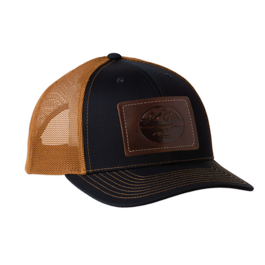 MADISON CREEK NAVY/CARAMEL LEATHER PATCH TRUCKER HAT