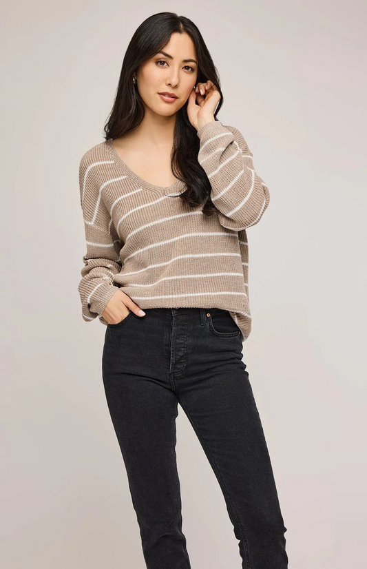 GENTLE FAWN HEATHER CASHEW STRIPE TUCKER SWEATER