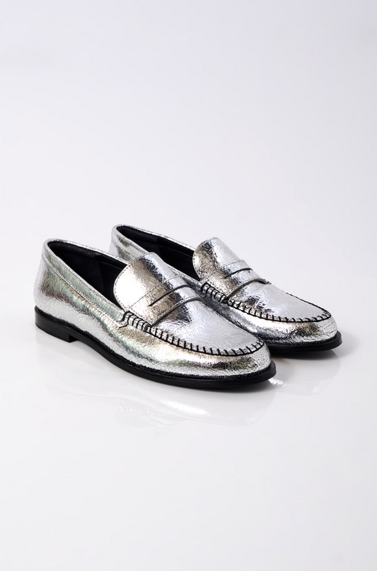 FREE PEOPLE PALE PEWTER LEATHER BLANKET STITCH LOAFER