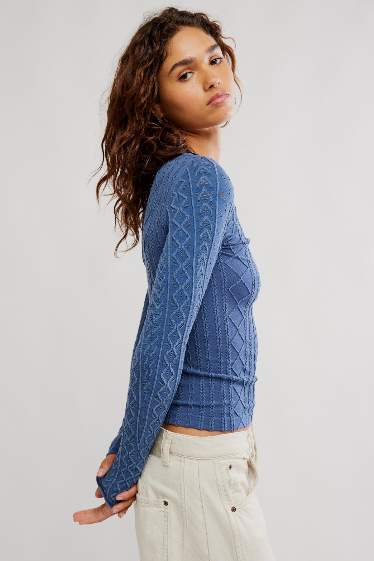 FREE PEOPLE VINTAGE INDIGO SO SOFT CABLE MODAL LONG SLEEVE