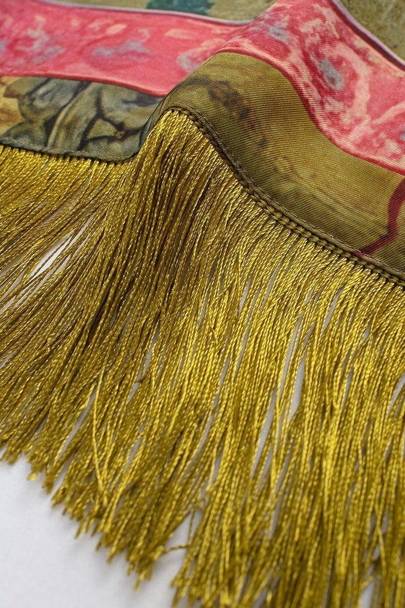 SATIN PRINT TASSEL FRINGE SCARF
