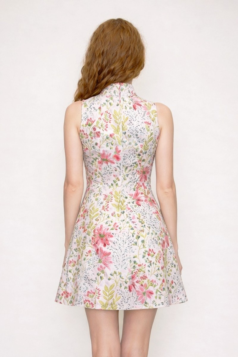 PINK MOCK NECK SLEEVELESS JACQUARD MINI DRESS